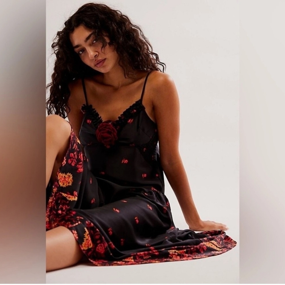 Free People Elegant Black and Red Floral Slip Dress,XS, Sold Out - Picture 2 of 3
